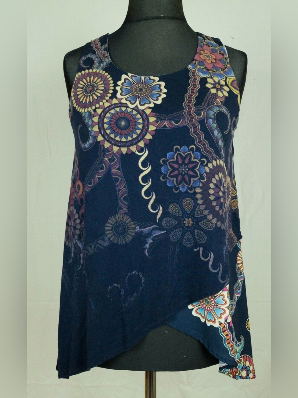 Desigual Asymmetric Mandala Tank Top Blouse Blue Multicolor Boho Artsy Size XL